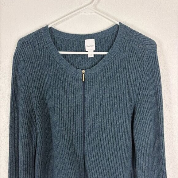 Max Mara Leisure Blue & Green Ribbed Knit Cotton Zip Up Sweater Size Large - Picture 2 of 11